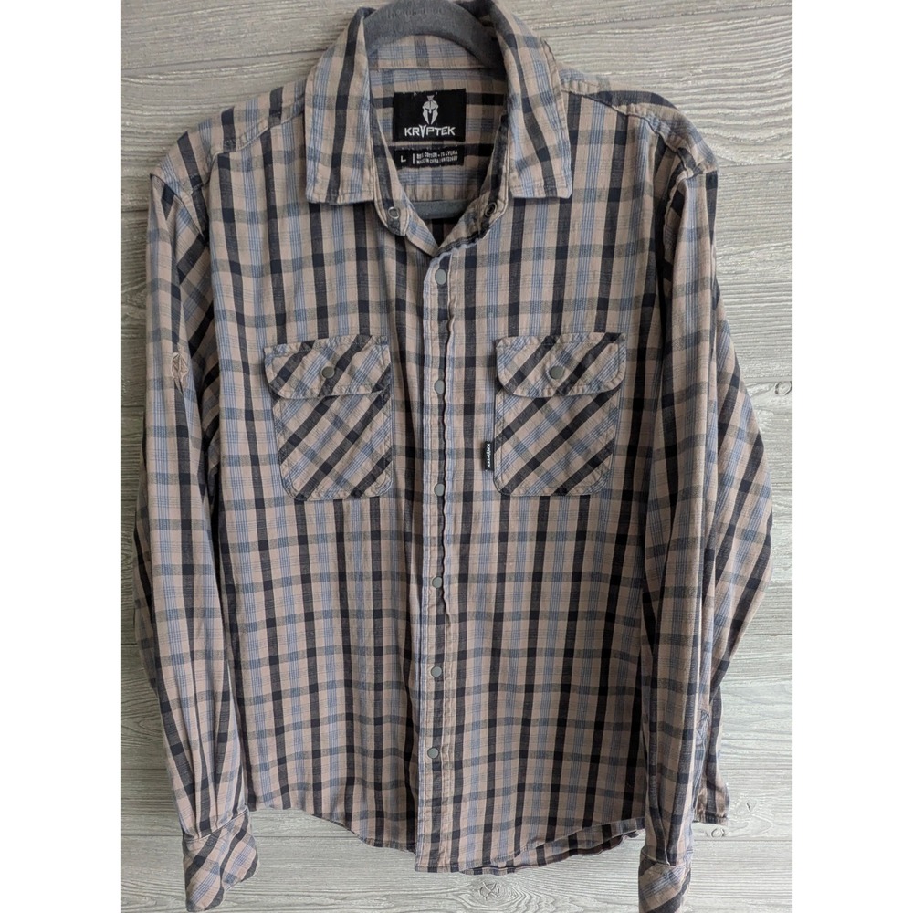 Kryptek Mens Plaid Snap Front Button Down Shirt Tan Blue Black Large Cotton SZ L